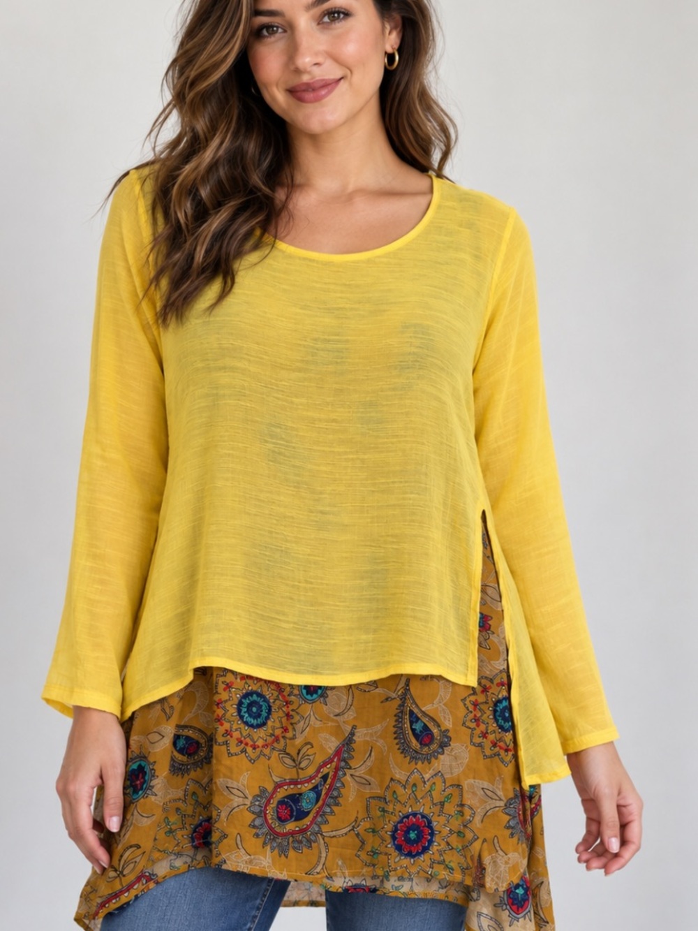 Sunshine Yellow Layered Long-Sleeve Tunic Top